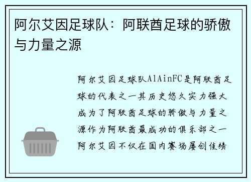 阿尔艾因足球队：阿联酋足球的骄傲与力量之源